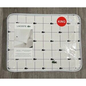 LACOSTE KING White Sheet Set 4 Piece Black Aligator Logo Cotton Percale New